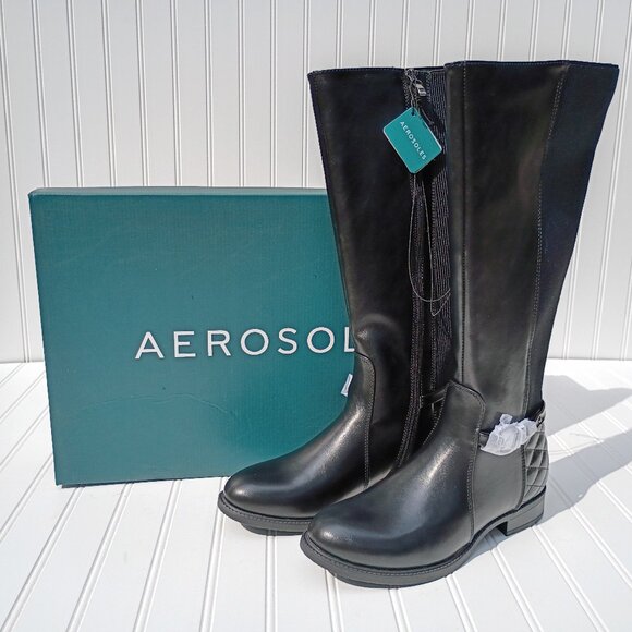 Aerosoles Boots Womens 8 Black Riding Acron 04L Elastic Shaft Low Heel Quilted - Picture 1 of 13